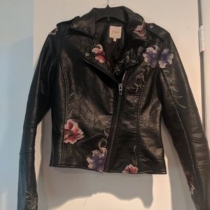 Leather jacket, floral stitching